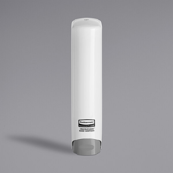 A white plastic Rubbermaid sanitizer dispenser with a white lid.