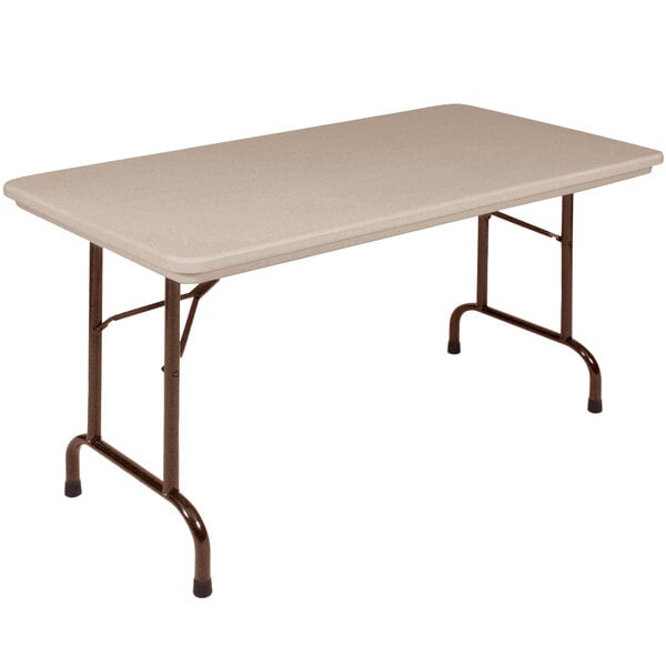 A rectangular Correll folding table with brown legs.