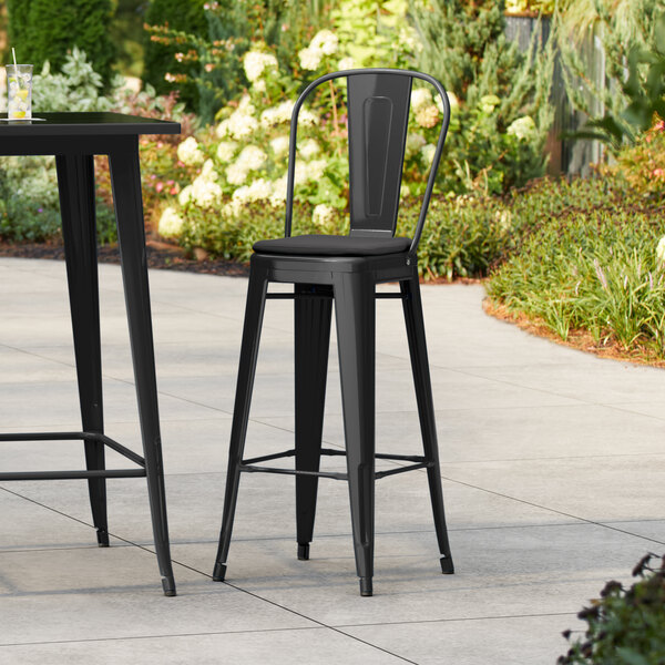 Lancaster Table & Seating Alloy Series Onyx Black Outdoor Cafe Barstool with Black Fabric Magnetic Cushion