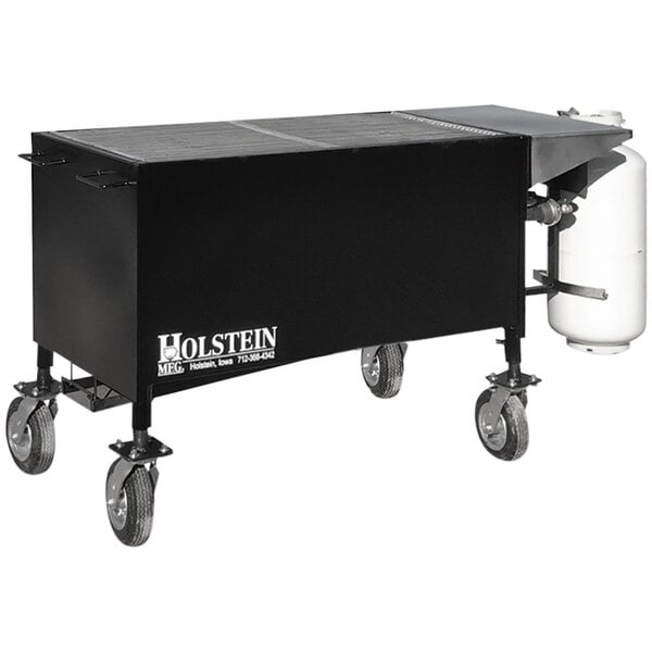 A black rectangular Holstein Manufacturing Country Club propane grill on a black cart with wheels.