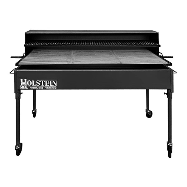 A black Holstein Manufacturing Country Club charcoal grill on wheels.