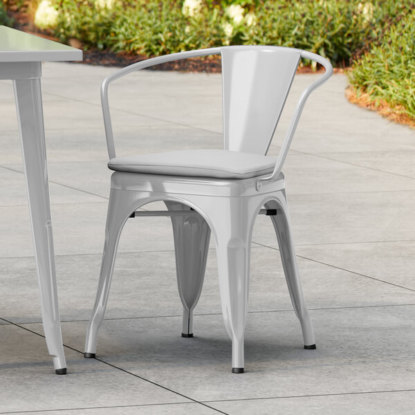Lancaster Table & Seating Alloy Series Silver Outdoor Arm Chair with Gray Fabric Magnetic Cushion