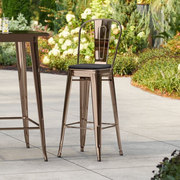 Lancaster Table & Seating Alloy Series Copper Outdoor Cafe Barstool with Black Fabric Magnetic Cushion