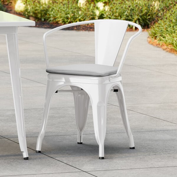 Lancaster Table & Seating Alloy Series White Outdoor Arm Chair with Gray Fabric Magnetic Cushion