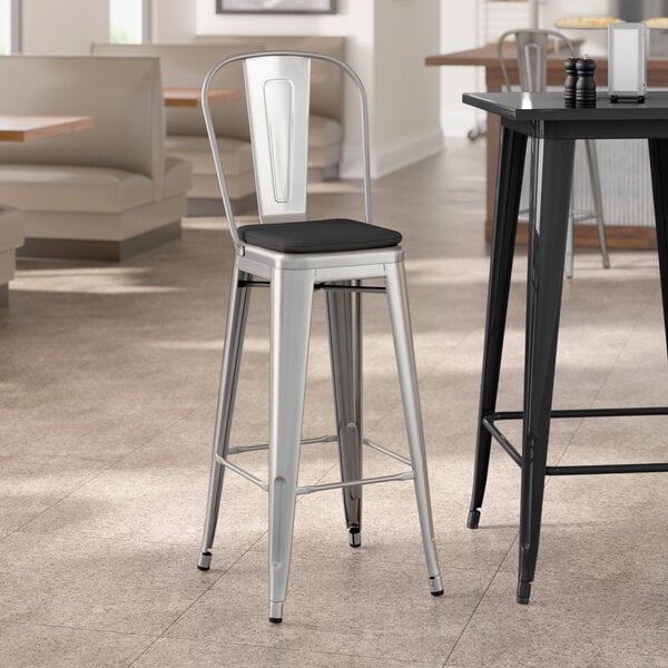 Lancaster Table & Seating Alloy Series Clear Coat Indoor Cafe Barstool with Black Fabric Magnetic Cushion