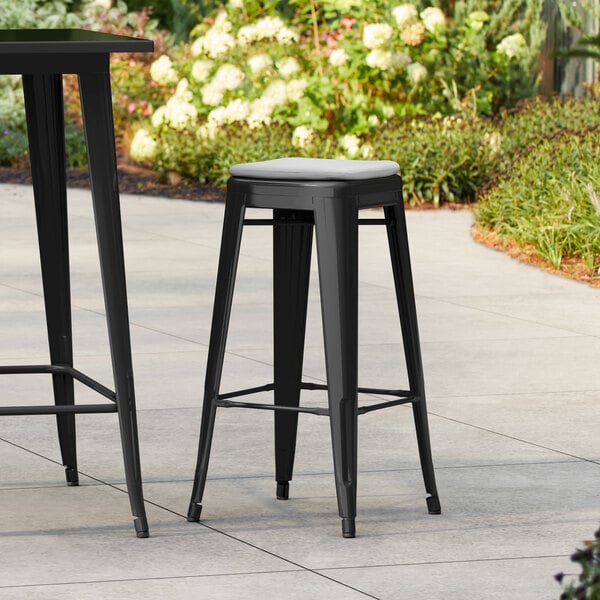 Lancaster Table & Seating Alloy Series Black Outdoor Backless Barstool with Gray Fabric Magnetic Cushion