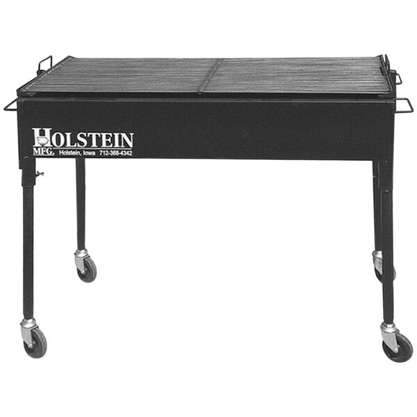 A black Holstein Manufacturing country club charcoal grill on wheels.