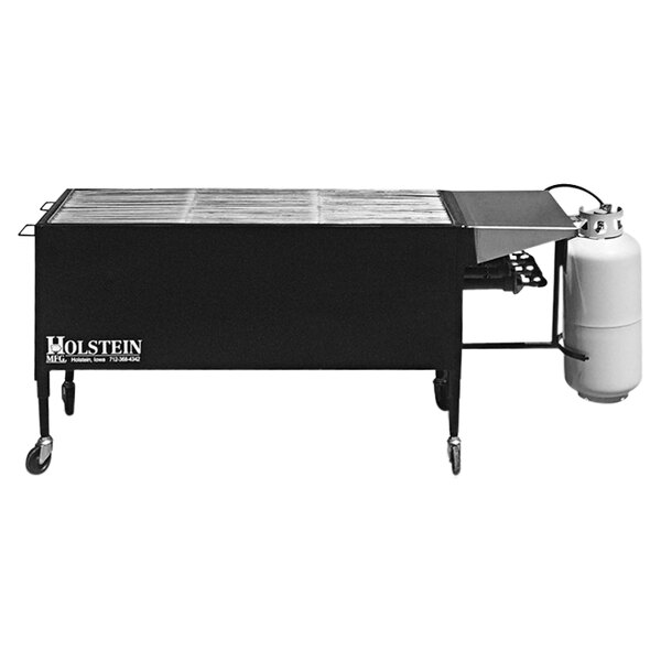 A black rectangular Holstein Manufacturing Country Club propane grill with wheels.