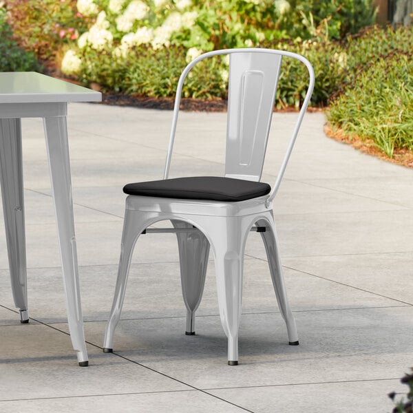 Lancaster Table & Seating Alloy Series Silver Outdoor Cafe Chair with Black Fabric Magnetic Cushion