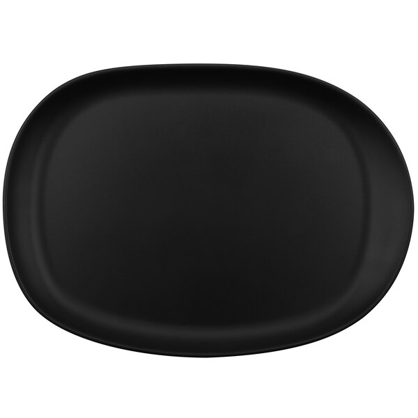 A dark gray oval plate with a white background.