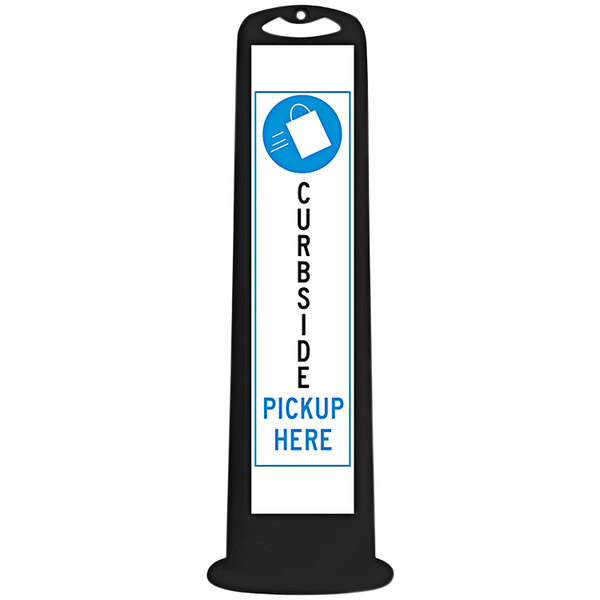 A rectangular white sign with black text that says "Curbside Pickup Here" above a black base.