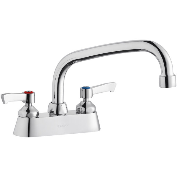 A silver Elkay deck-mount faucet with two 2" lever handles and an 8" arc tube swing spout.