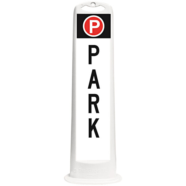 A white rectangular Cortina parking sign with black letters that says "Park" and a red and black square border.