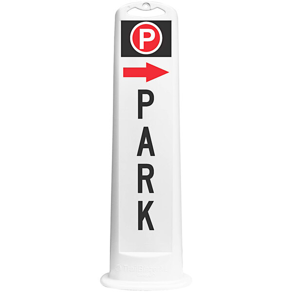 A white Cortina parking sign with a black and red arrow pointing to the right.