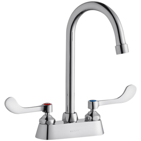 A silver Elkay deck-mount faucet with 4" wristblade handles and a 5" gooseneck swing spout.