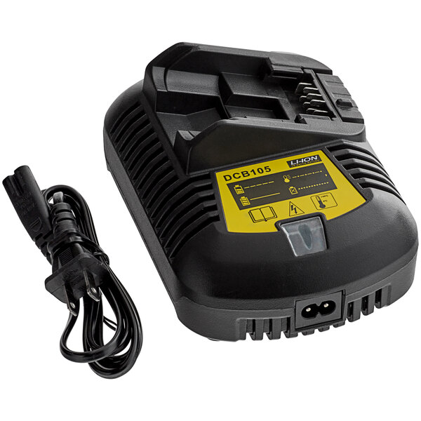 A black and yellow KleanTake by ServSense battery charger with a cord.