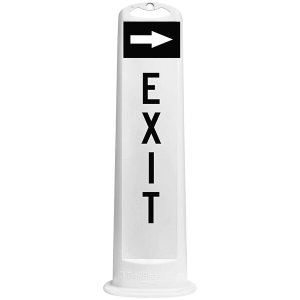 A white rectangular sign with a white arrow and black text that says "Exit"