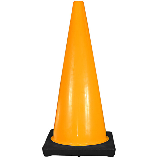 A close-up of a Cortina yellow traffic cone on a black base.
