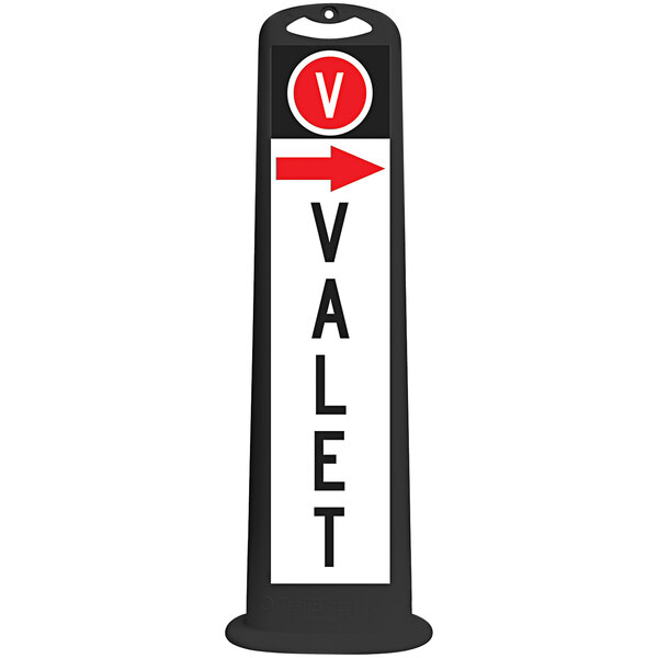 A black vertical sign with white letters that says "Valet" and a black right arrow.
