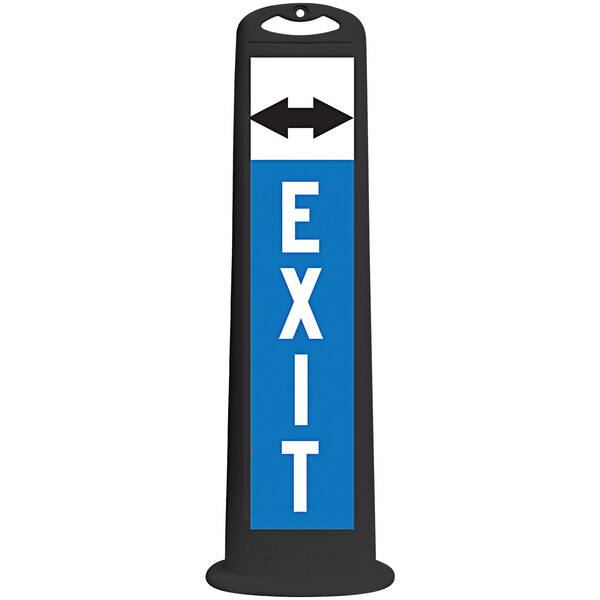A black vertical rectangular parking lot sign with the word "Exit" in white letters and two white arrows pointing to the right.
