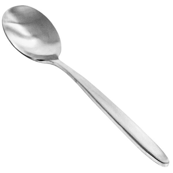 A close-up of a Front of the House Luca stainless steel teaspoon.