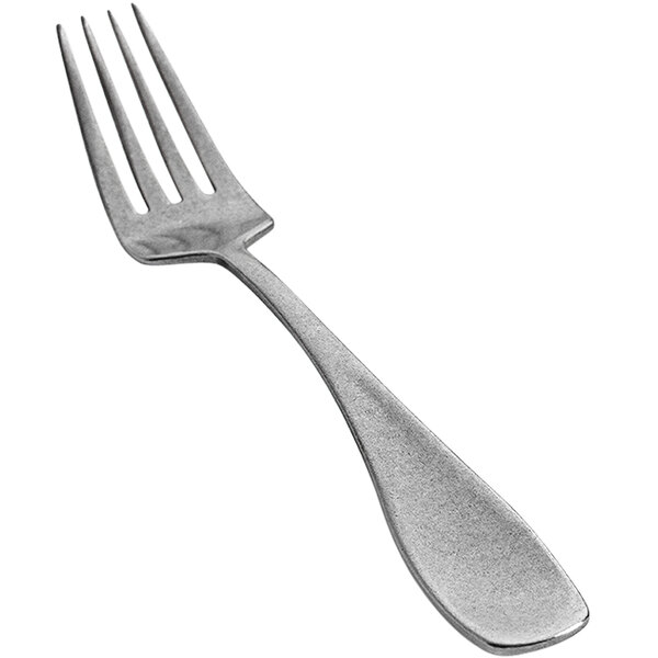 The front of a silver Front of the House Cameron salad/dessert fork with a white background.