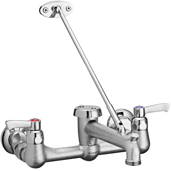 An Elkay chrome wall-mounted mop sink faucet with two lever handles and a bucket hook spout.