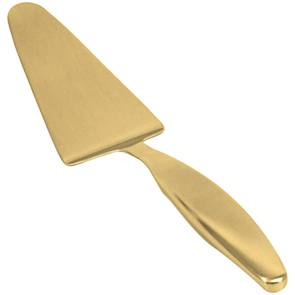 A Front of the House gold matte brass cake server with a handle.