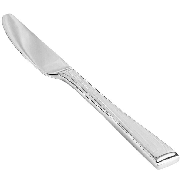 A Front of the House Parker stainless steel dinner knife with a long handle.