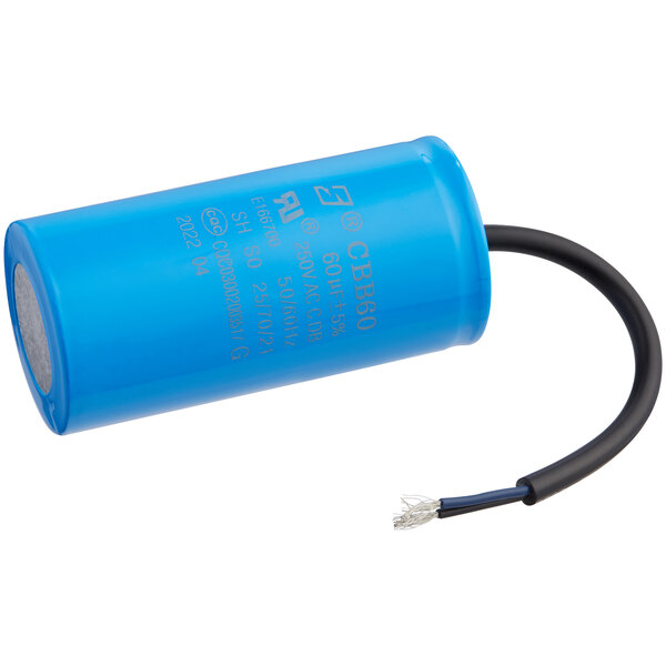 An Avantco running capacitor with blue and black wires.