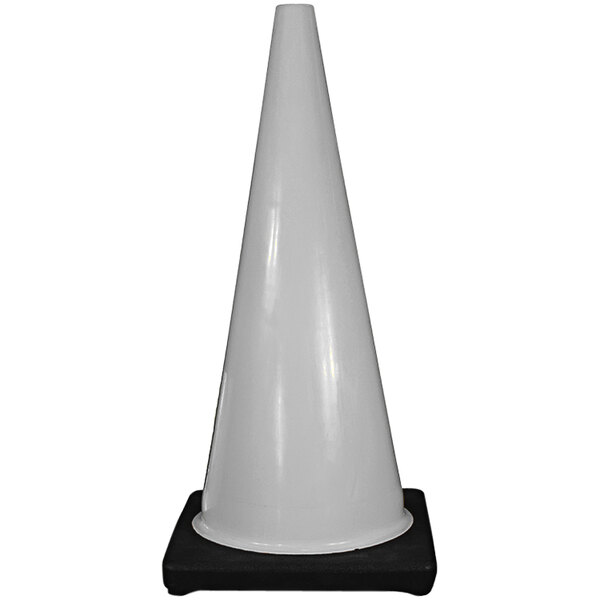 A white Cortina traffic cone on a black base.