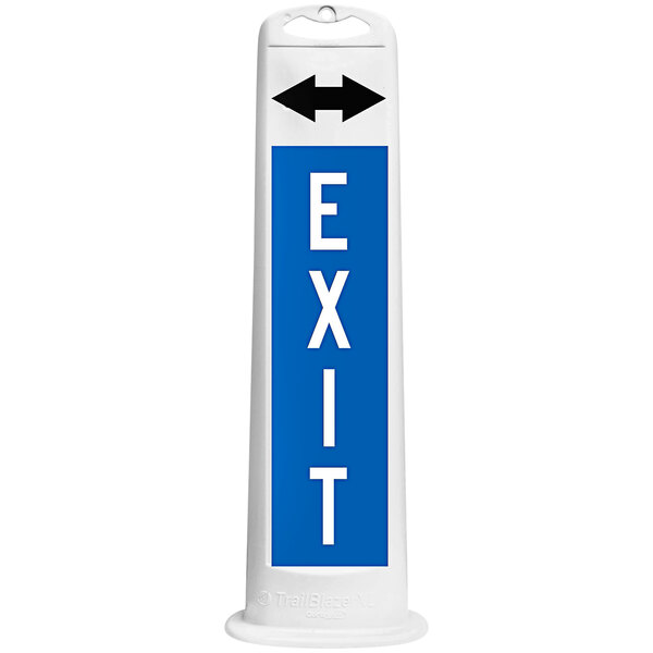 A white rectangular Cortina parking lot sign with a double blue arrow and black "Exit" text.