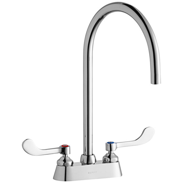 A silver Elkay deck-mount faucet with 4" wristblade handles and an 8" gooseneck swing spout.