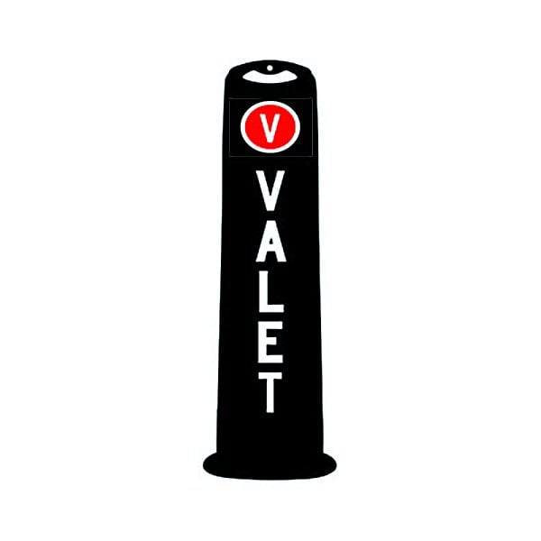 A black vertical parking sign with the word "Valet" in white.