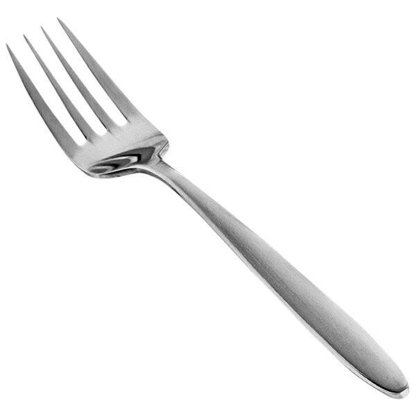 The front of a Front of the House Luca stainless steel salad/dessert fork with a silver brushed handle.