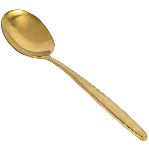 A Front of the House Matte Brass Dinner / Dessert spoon with a long handle.
