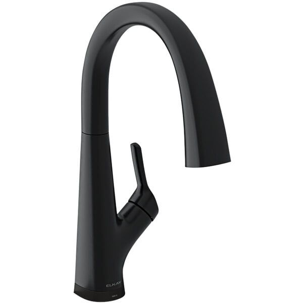 An Elkay Avado matte black deck-mount kitchen faucet with a curved lever handle.