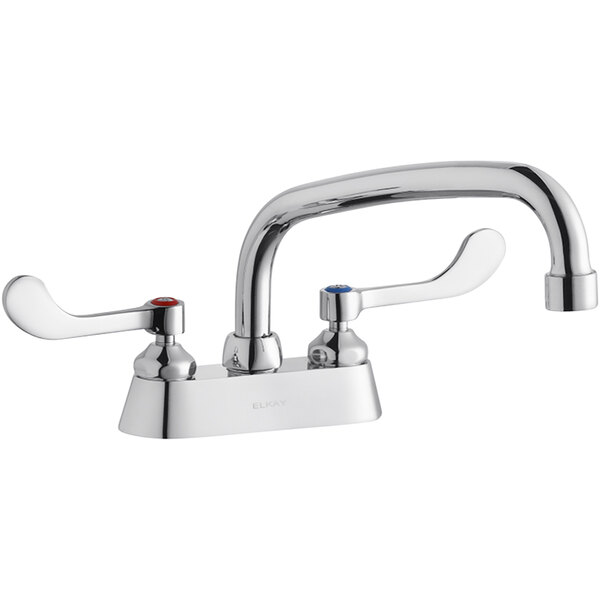 An Elkay deck-mount faucet with two wristblade handles and an arc tube swing spout.