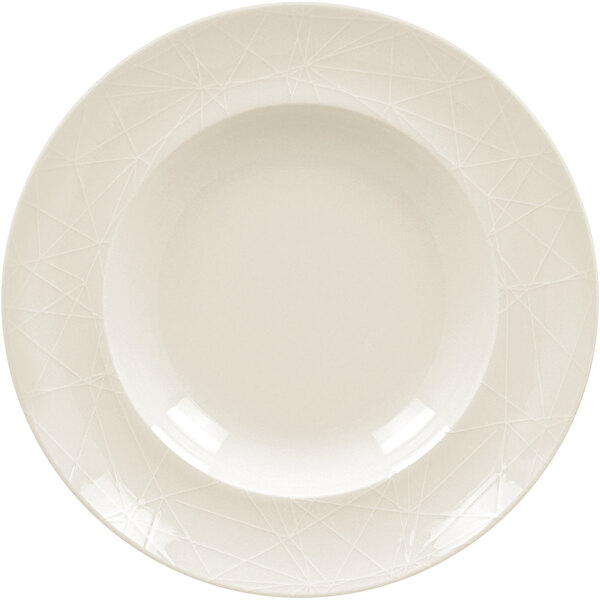 A RAK Porcelain ivory porcelain deep plate with an embossed pattern on the rim.