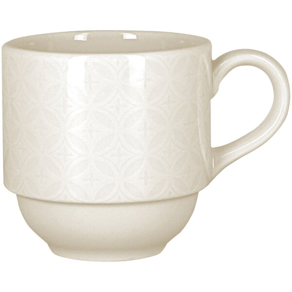A white RAK Porcelain stackable coffee cup with an embossed pattern.