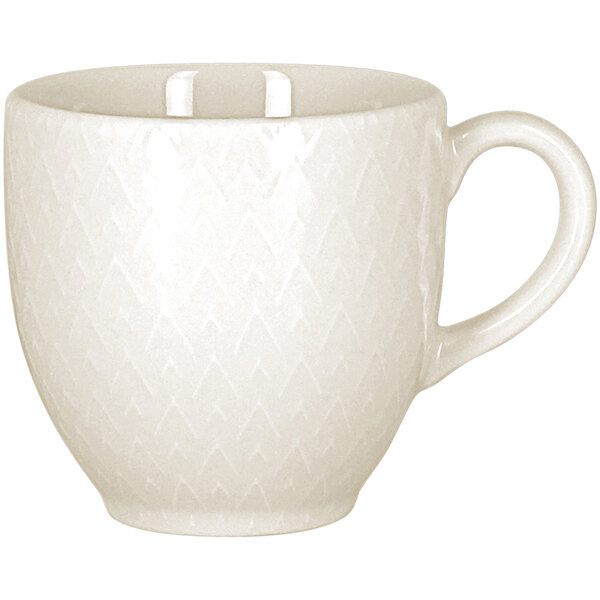 A white RAK Porcelain embossed porcelain cup with a handle.