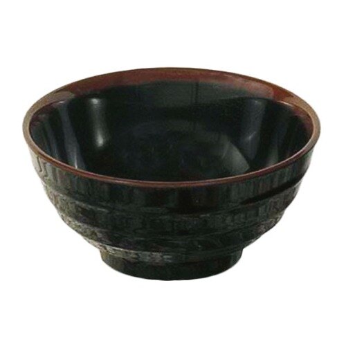 A black Thunder Group Tenmoku melamine rice bowl with a brown rim.