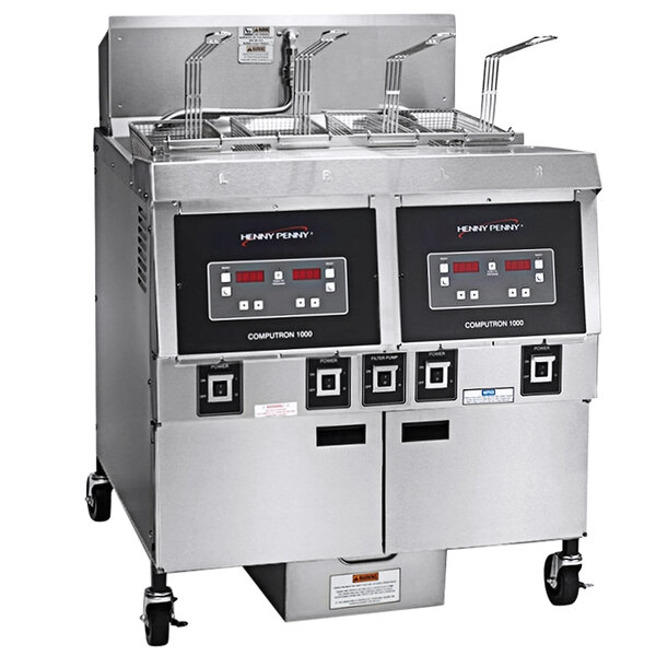 A black and grey Henny Penny 2-well liquid propane gas fryer with a large control panel.