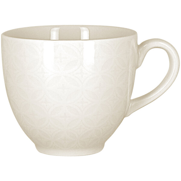 A RAK Porcelain ivory porcelain cup with an embossed pattern and a handle.