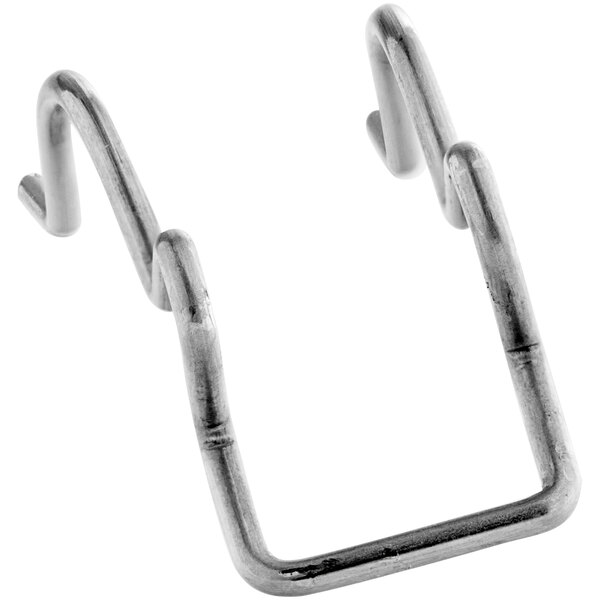 A close-up of a metal hook with a handle on a white background.