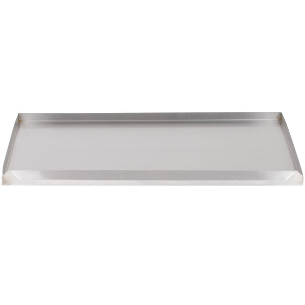 A silver rectangular metal tray with a handle.