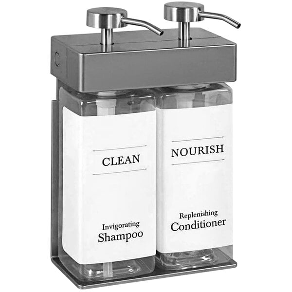 A white wall-mounted Dispenser Amenities shower dispenser with two rectangular bottles of soap and a rectangular bottle of shampoo.