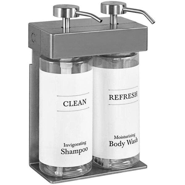 A white wall-mounted shower dispenser with two oval bottles inside.