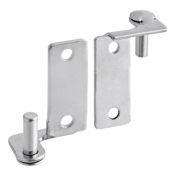 A pair of metal hinges with stainless steel latch plates and holes.