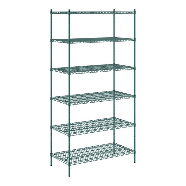 A green Regency wire shelving unit with six shelves.